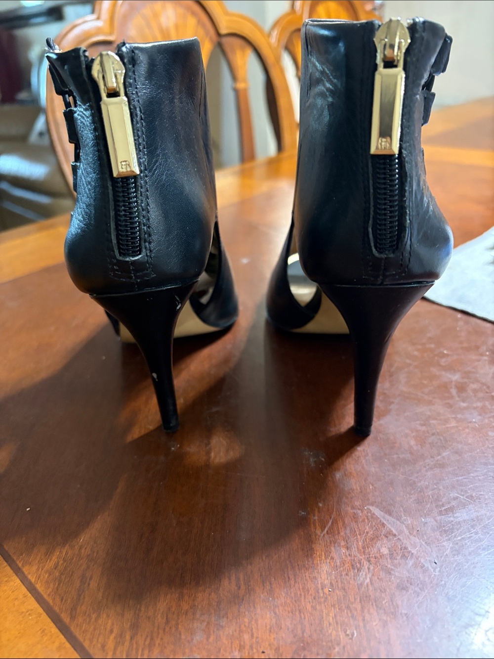Banana Republic Black Leather High-Heel Ankle Booties with Gold Back Zippers